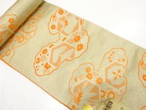 アンティーク　雲取りに草花模様織り出し　名古屋帯地反物